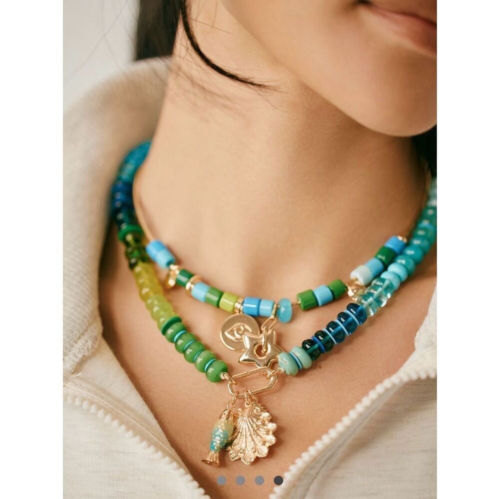 Anthropologie Beaded Charm Necklace in Turquoise, Blue, Gold NWT - Picture 6 of 9